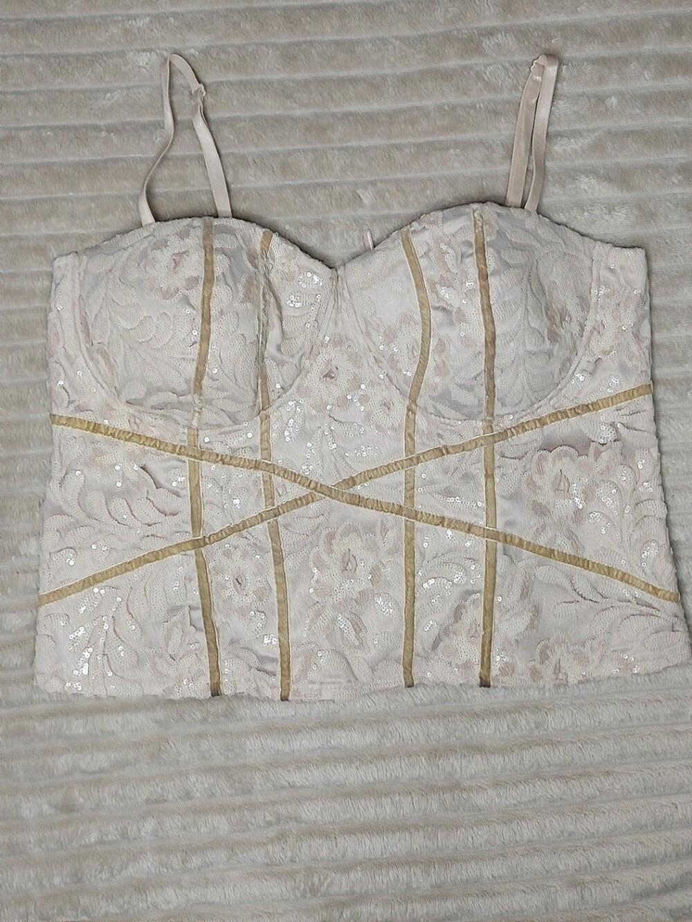 Charlotte Russe Cream Lace Bustier Crop Top with Gold Trim